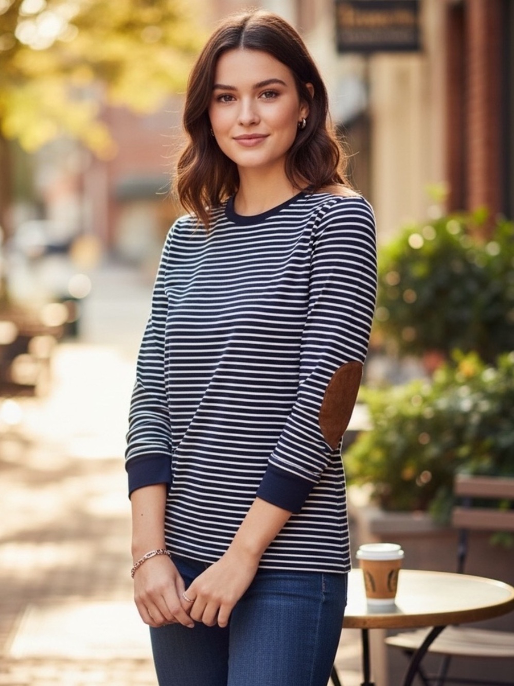 Ralph Lauren Navy and White Striped Long Sleeve with Tan Elbow Patches